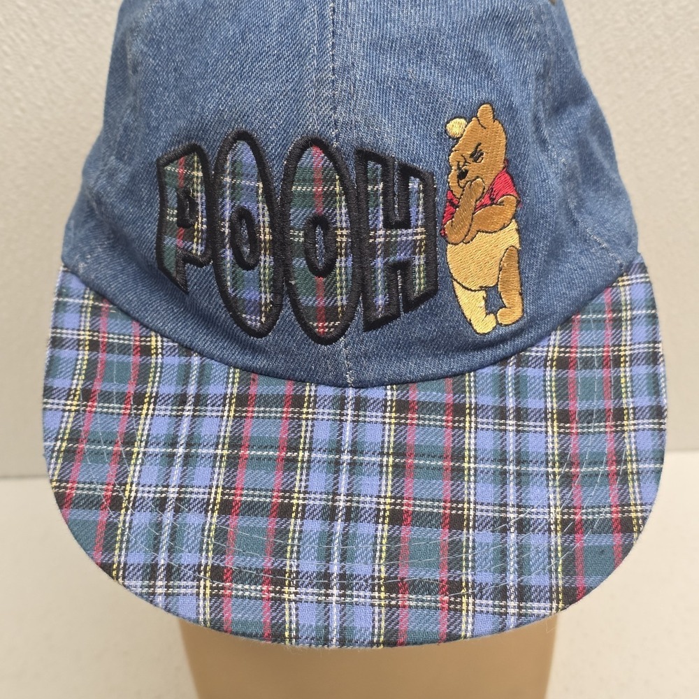 Vintage Disney Embroidered Winnie The Pooh Hat Elastic Band Blue Plaid Denim - Picture 4 of 13